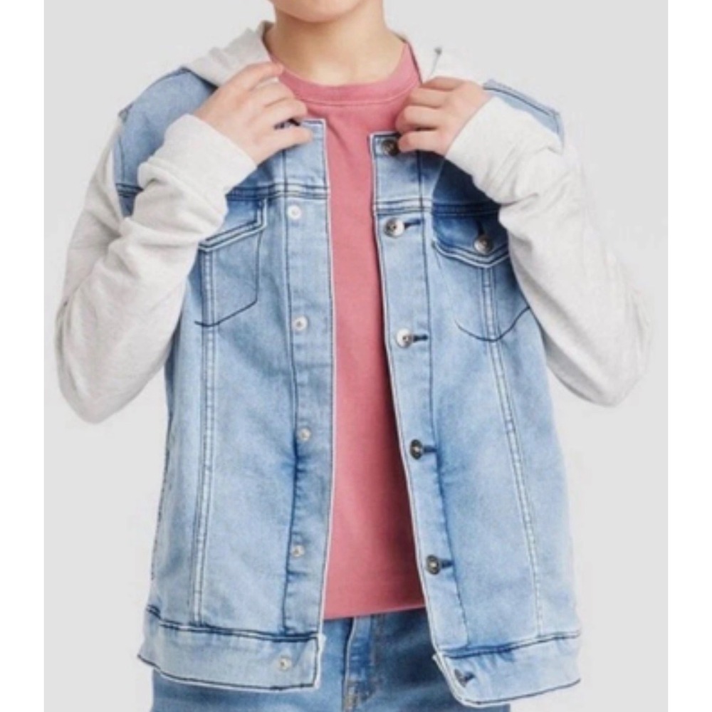 ART CLASS Boys Denim Jacket Jean Sweatshirt Hooded Medium Light Wash Grey 8 10
